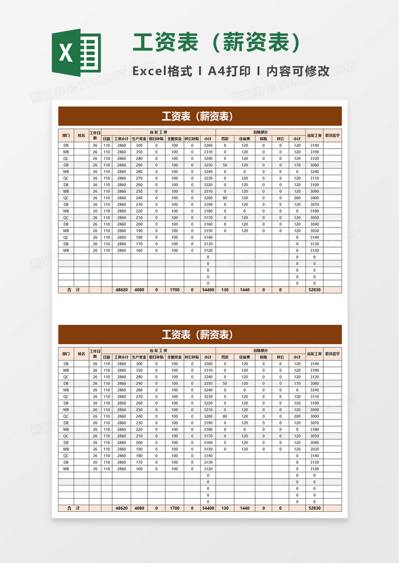 工资表薪资表excel模板