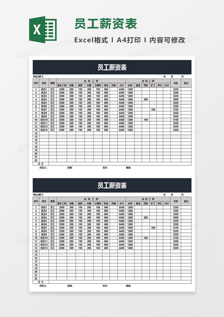 员工薪资表excel模板