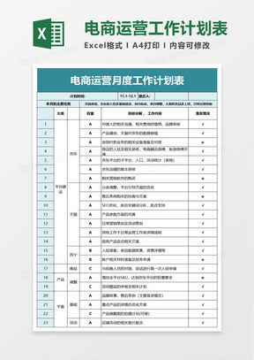 简洁电商运营月度工作计划表excel模板