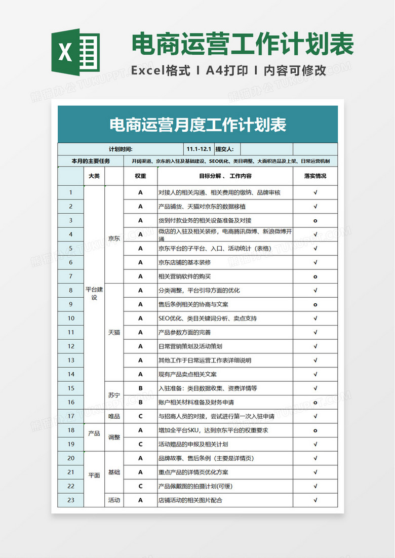 简洁电商运营月度工作计划表excel模板