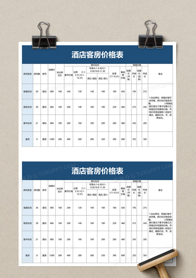 酒店客房价格表excel模板