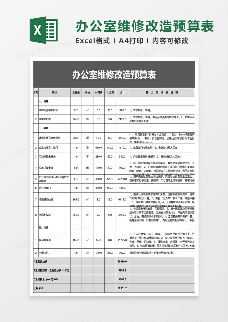 办公室维修改造预算表excel模板