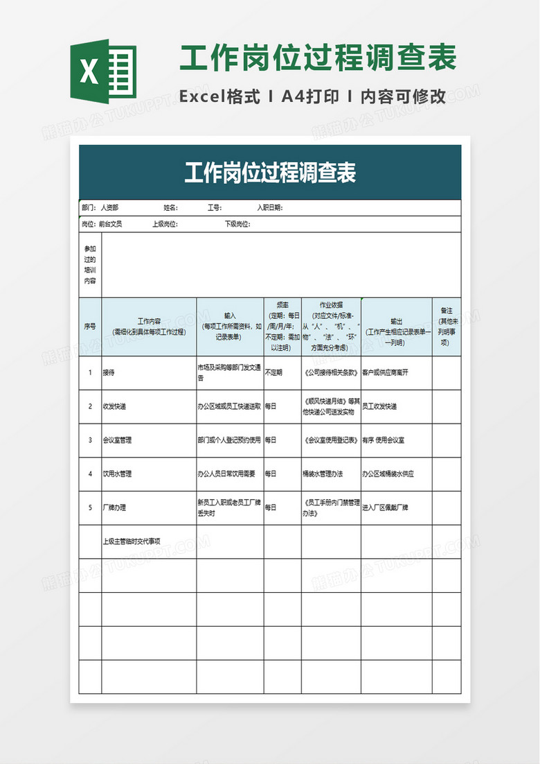 工作岗位过程调查表excel模板