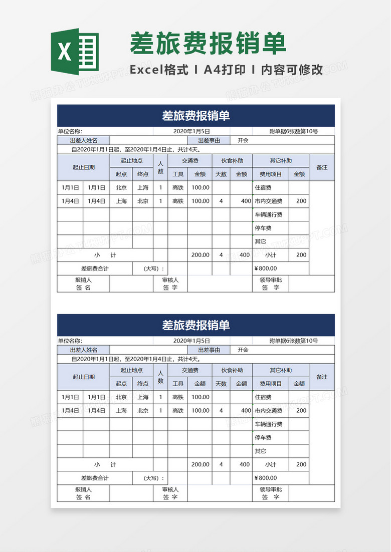 实用企业差旅费报销单excel模板