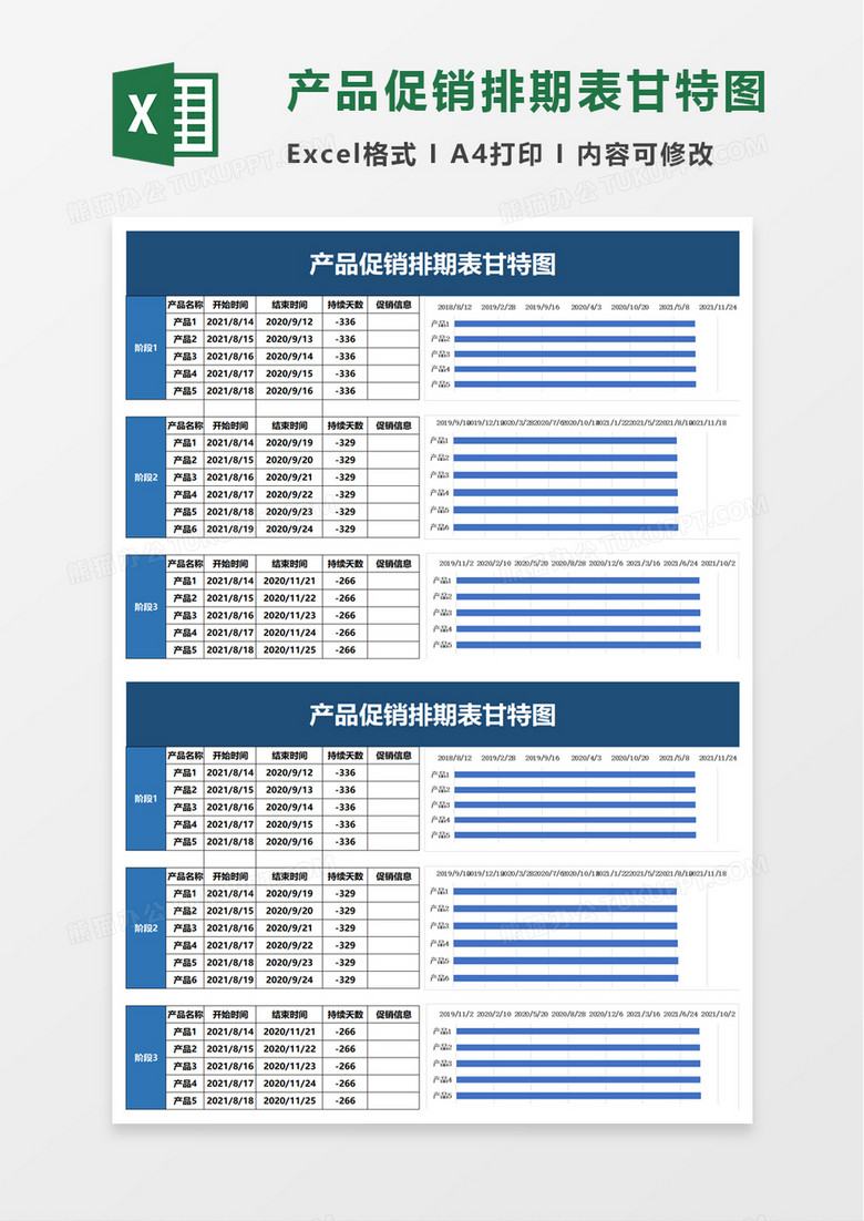 产品促销排期表甘特图excel模板