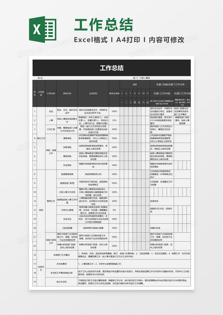 实用个人工作总结excel模板