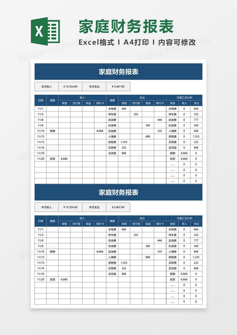 家庭财务报表excel模板