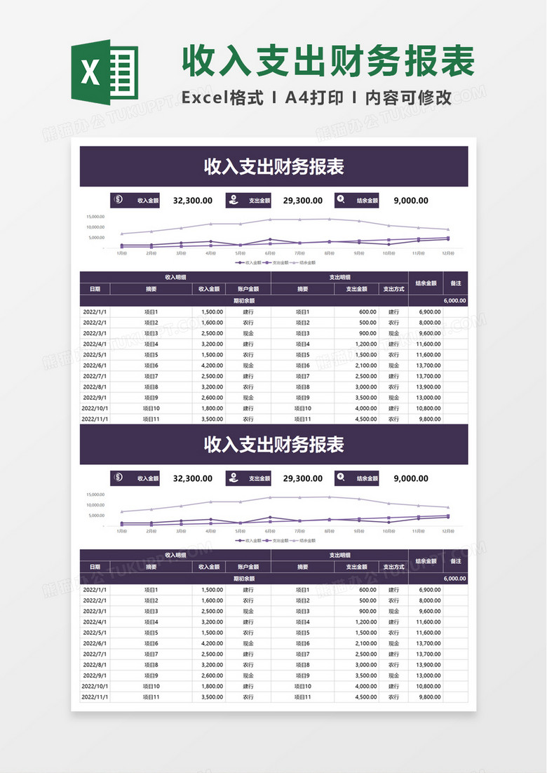 简洁收入支出财务报表excel模板