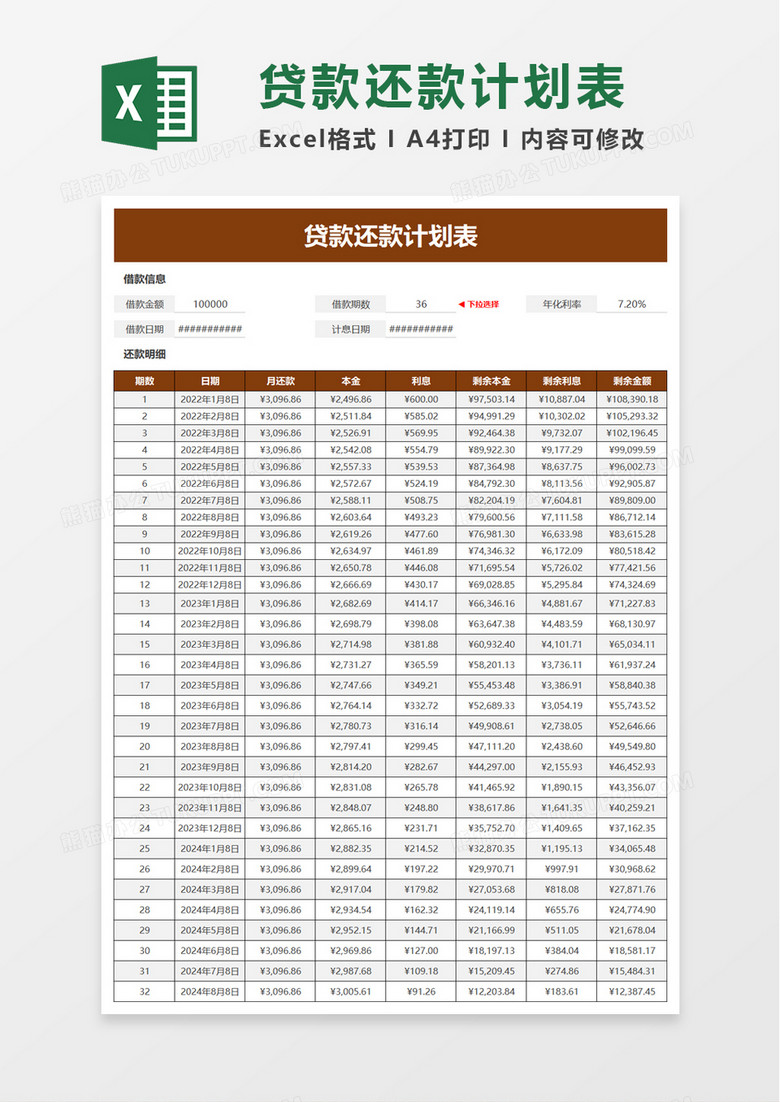 贷款还款计划表excel模板