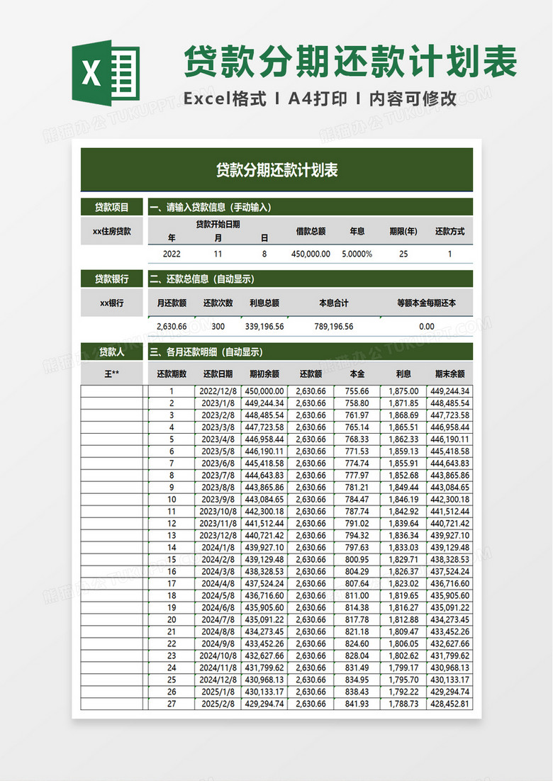 贷款分期还款计划表excel模板