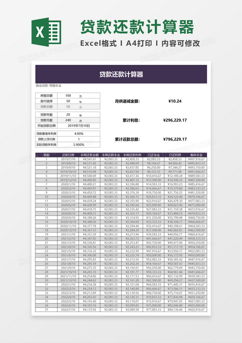 贷款还款计算器excel模板