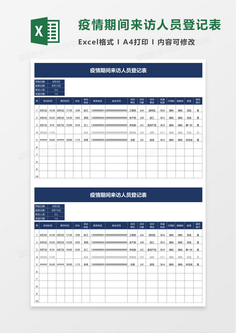 实用疫情期间来访人员登记表excel模板