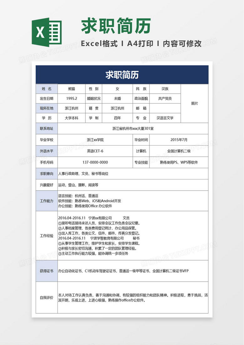 简洁公司求职简历excel模板