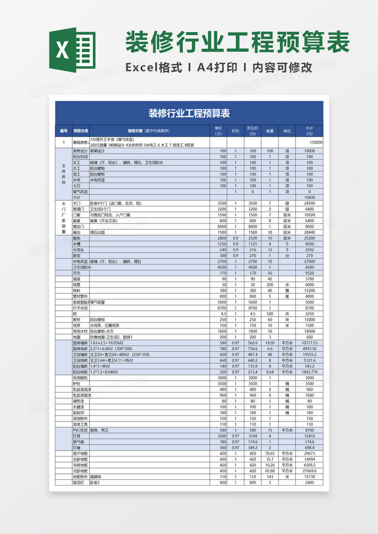 装修行业工程预算表excel模板