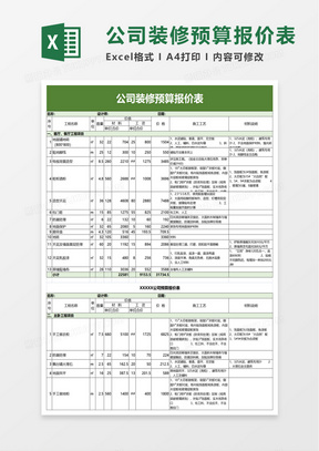 通用公司装修预算报价表excel模板