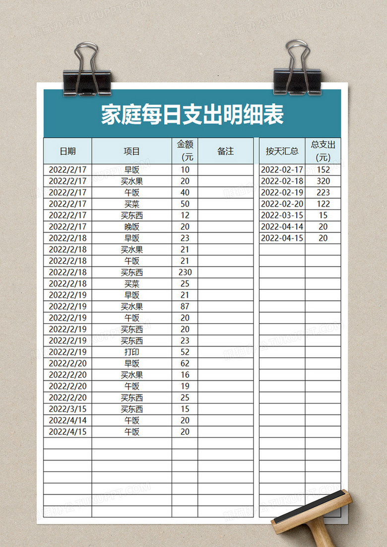 家庭每日支出明细表excel模板