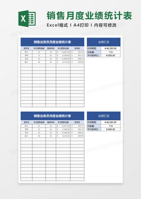 销售业务员月度业绩统计表excel模板