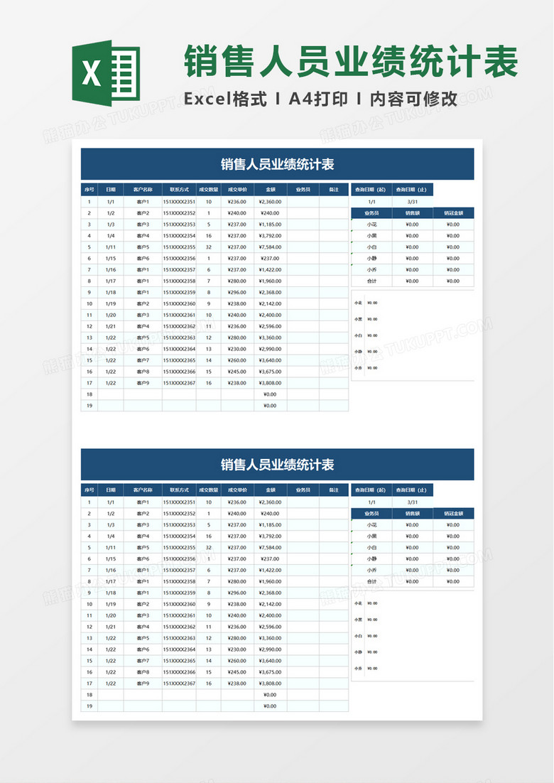 简约销售人员业绩统计表excel模板