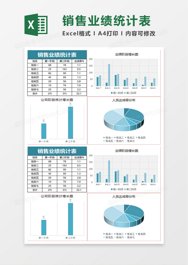 简单简约销售业绩统计表excel模板