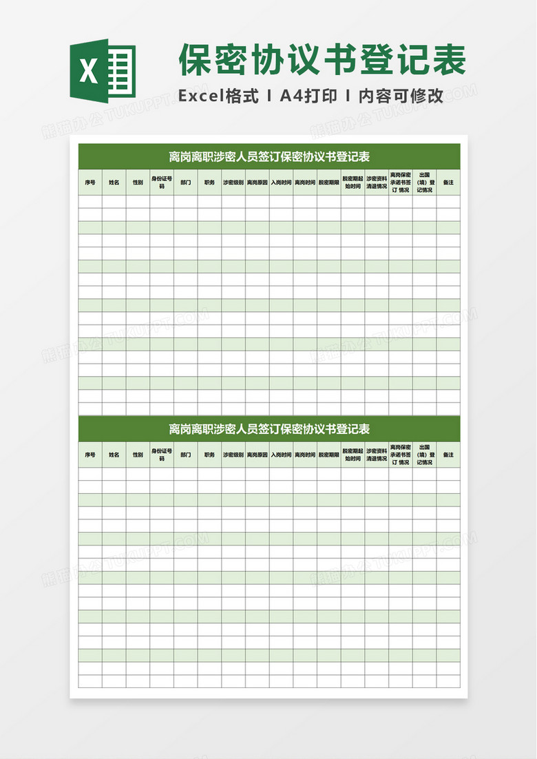 离岗离职涉密人员签订保密协议书登记表excel模板