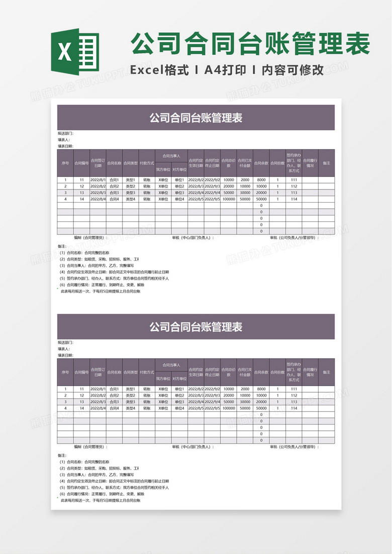 实用公司合同台账管理表excel模板