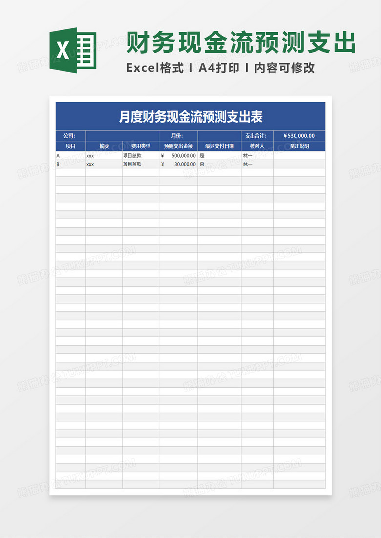 月度财务现金流预测支出表excel模板
