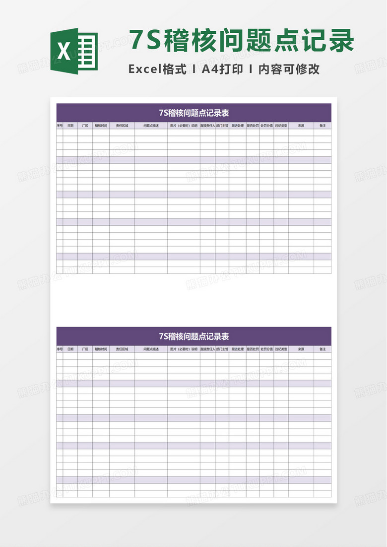 7S稽核问题点记录表excel模板