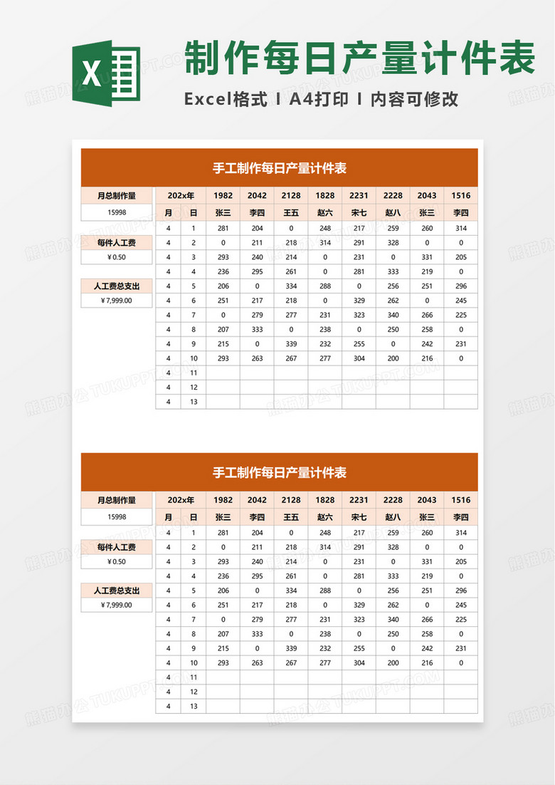 手工制作每日产量计件表excel模板