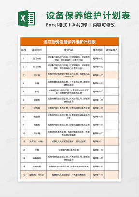 酒店厨房设备保养维护计划表excel模板