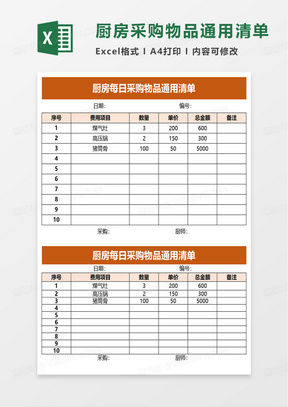 厨房每日采购物品通用清单excel模板