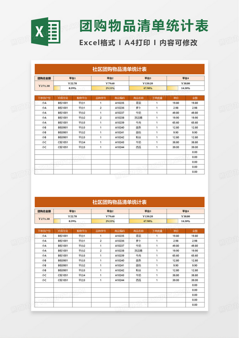 社区团购物品清单统计表excel模板