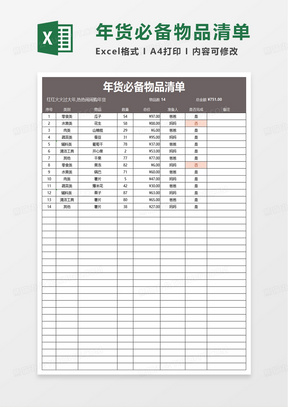 年貨必備物品清單excel模板