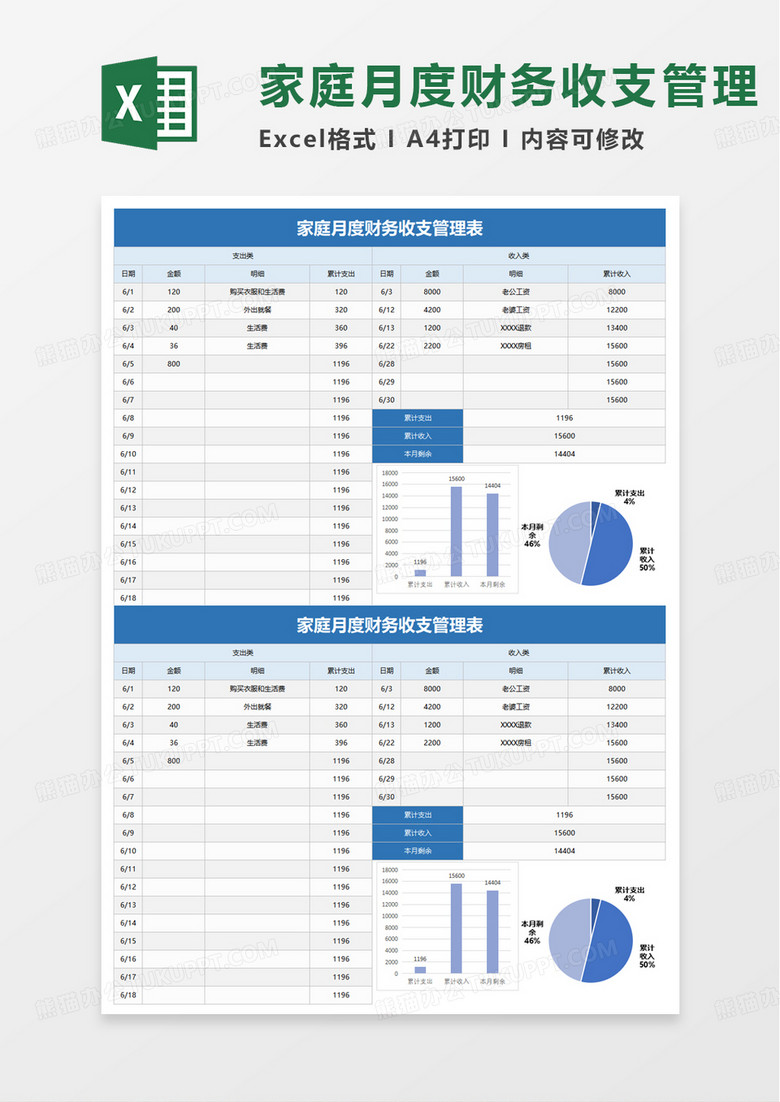 家庭月度财务收支管理表excel模板