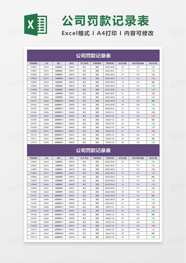 公司罚款记录表excel模板