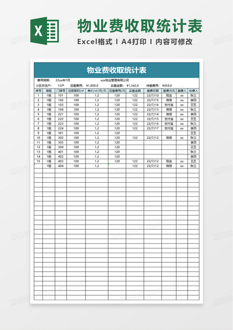 物业费收取统计表excel模板