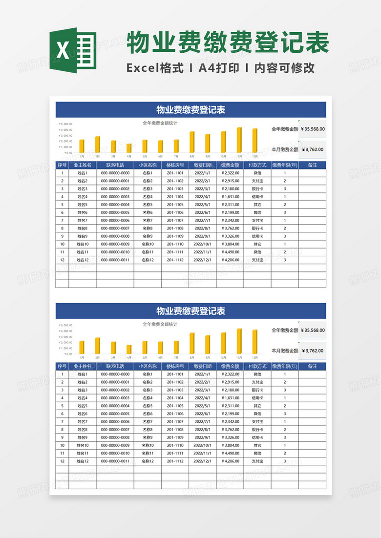 物业费缴费登记表excel模板