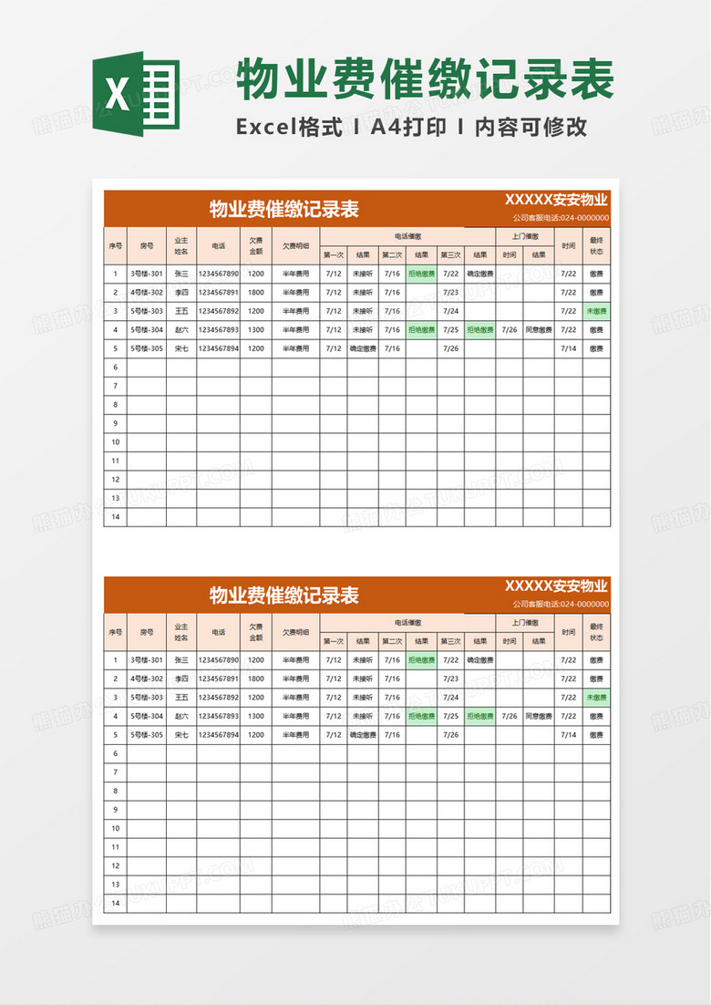 简洁物业费催缴记录表excel模板