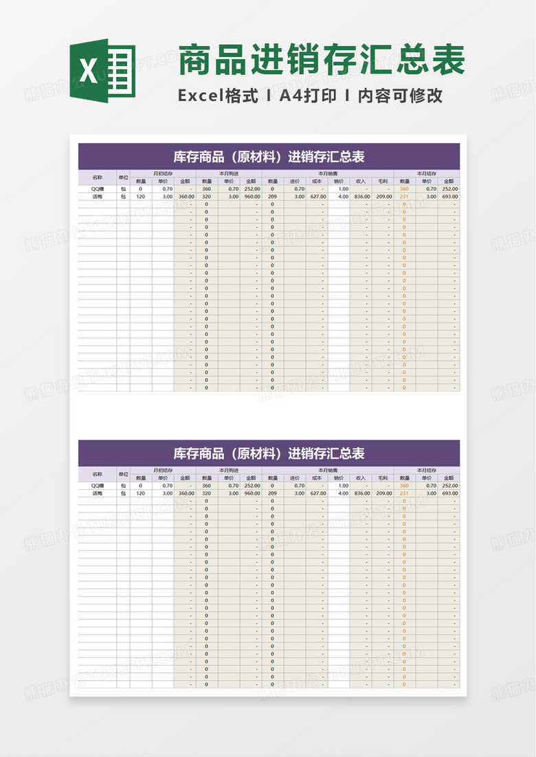 库存商品（原材料）进销存汇总表excel模板