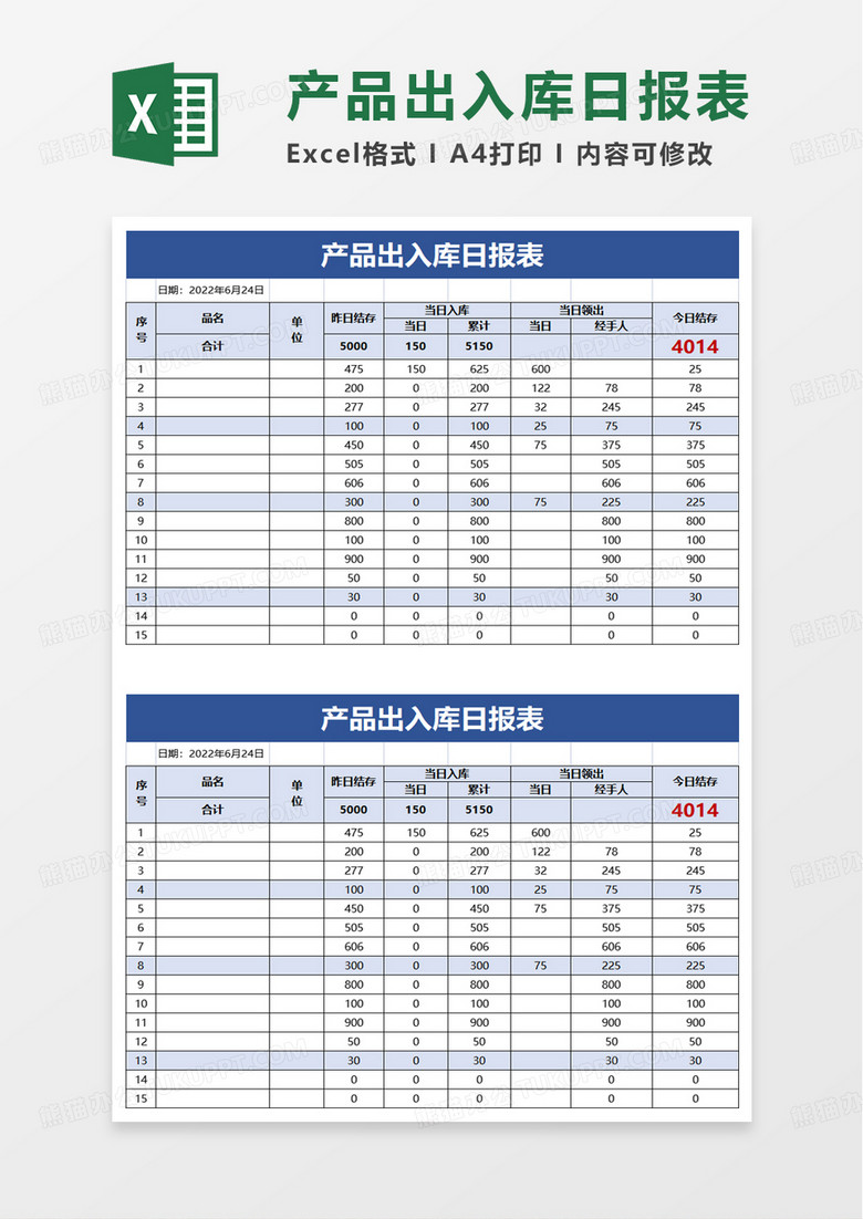 产品出入库日报表excel模板