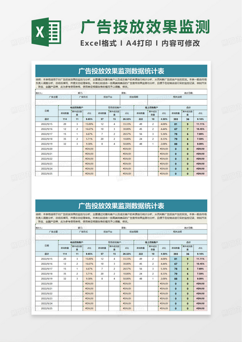 广告投放效果监测数据统计表excel模板