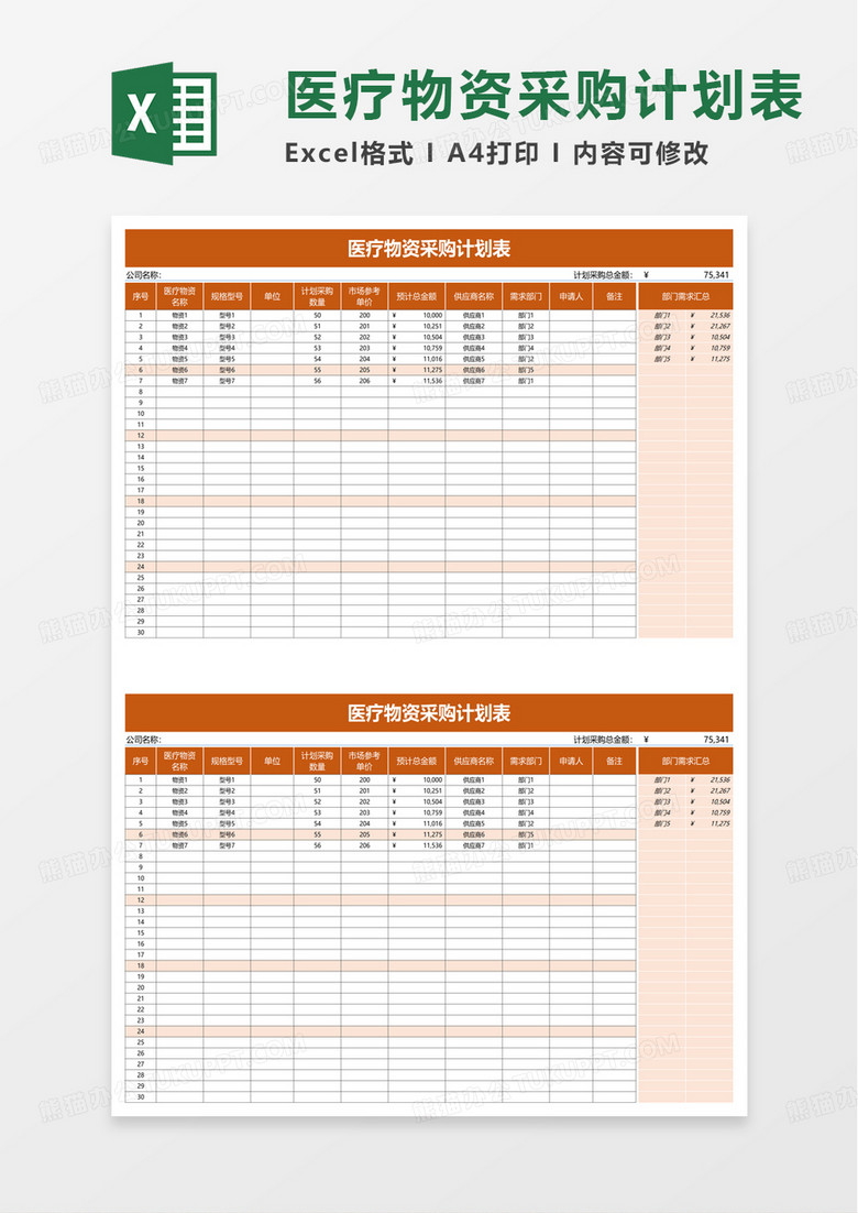 医疗物资采购计划表excel模板