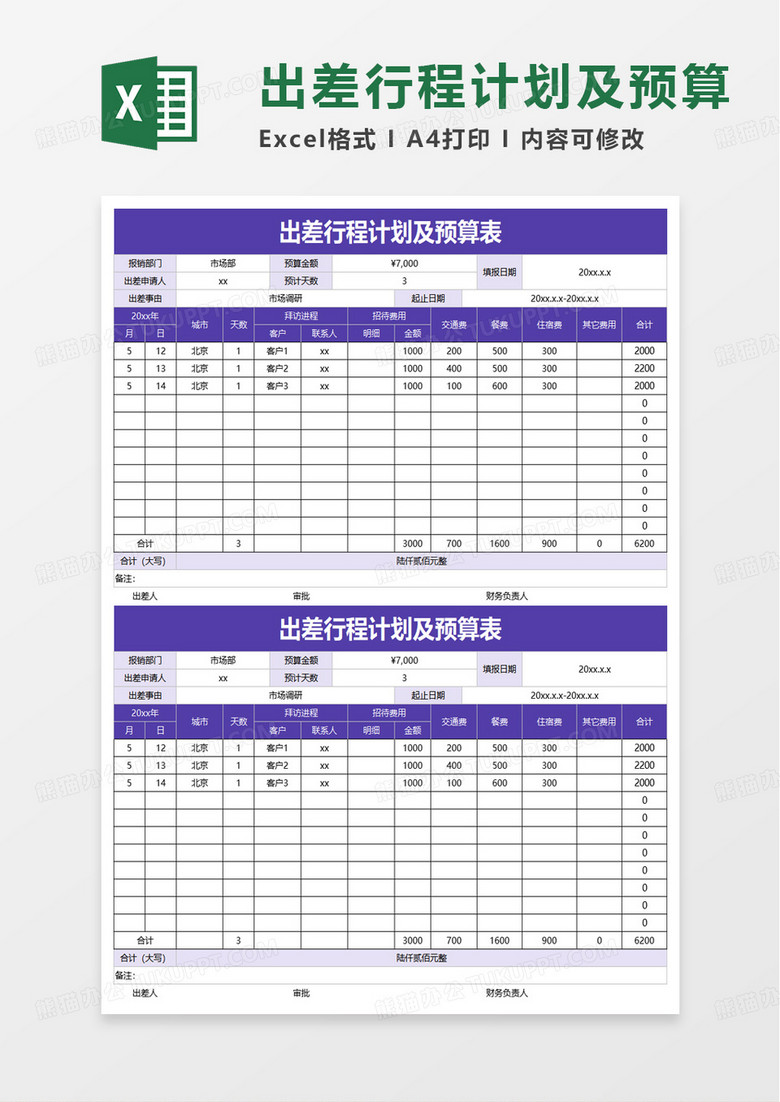 出差行程计划及预算表excel模板