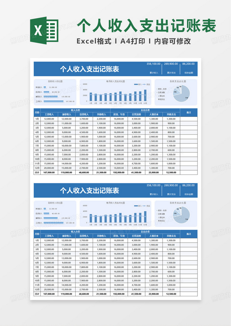 通用简洁个人收入支出记账表excel模板