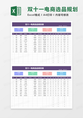 双十一电商选品规划表excel模板