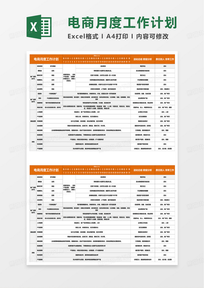 电商月度工作计划excel模板