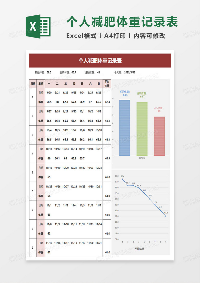 个人减肥体重记录表excel模板