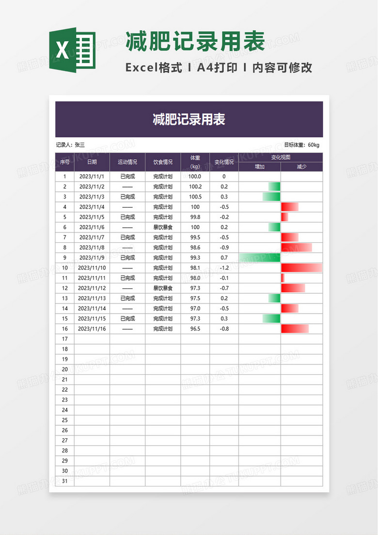 减肥记录用表excel模板