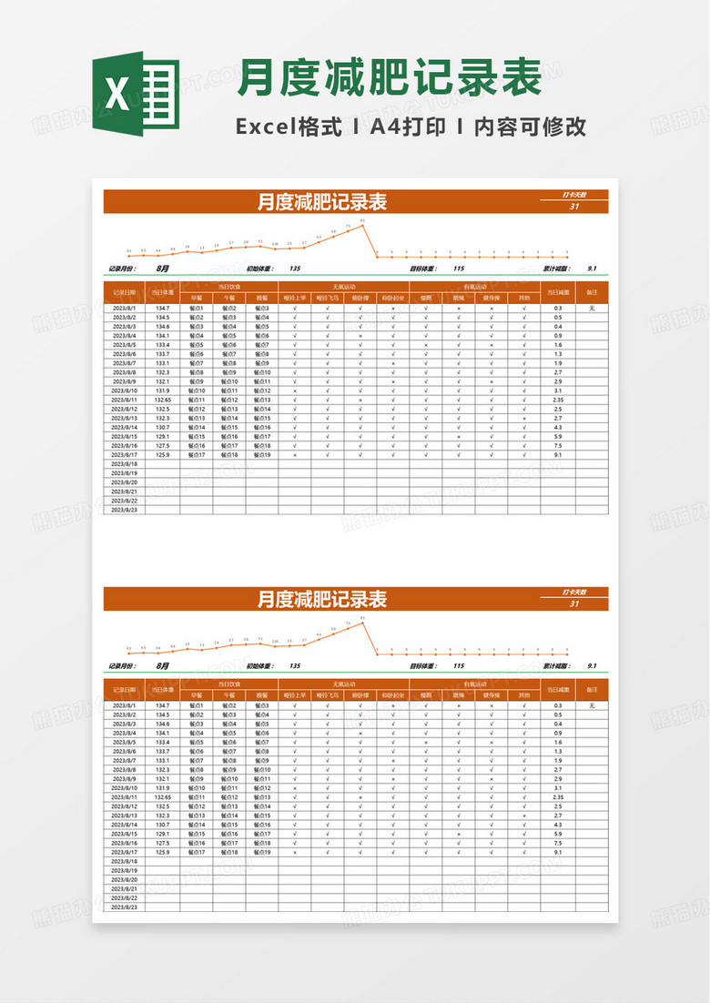 月度减肥记录表excel模板