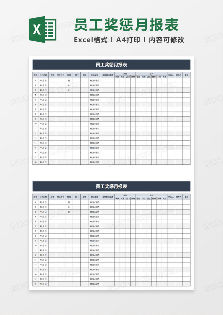 简单员工奖惩月报表excel模板