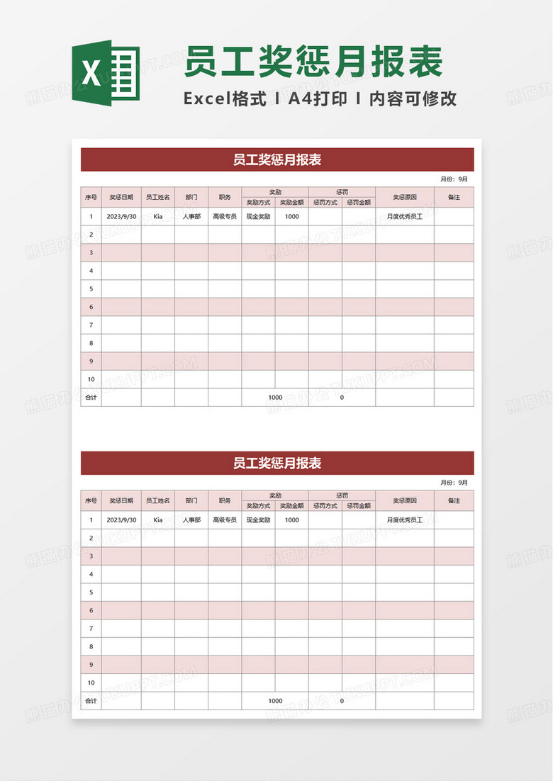 简洁简约员工奖惩月报表excel模板